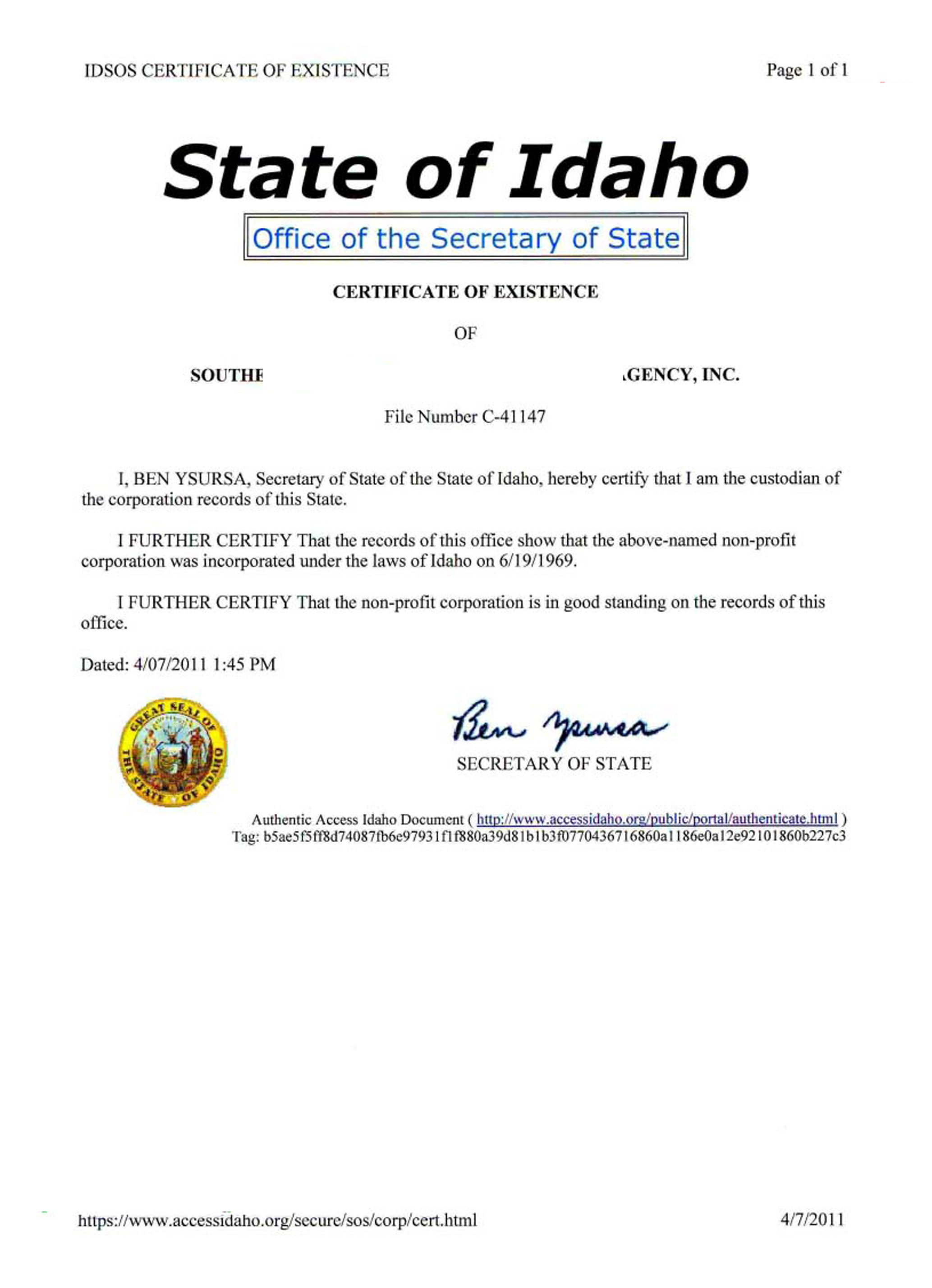USA Idaho certificate of good standing